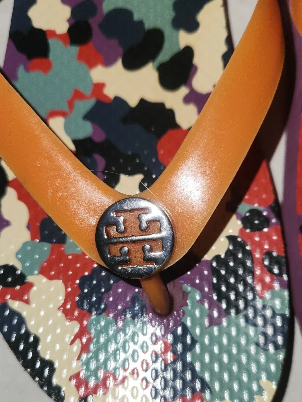 Tory Burch Orange-Strap Flip Flops with Multicolor Camouflage Footbed